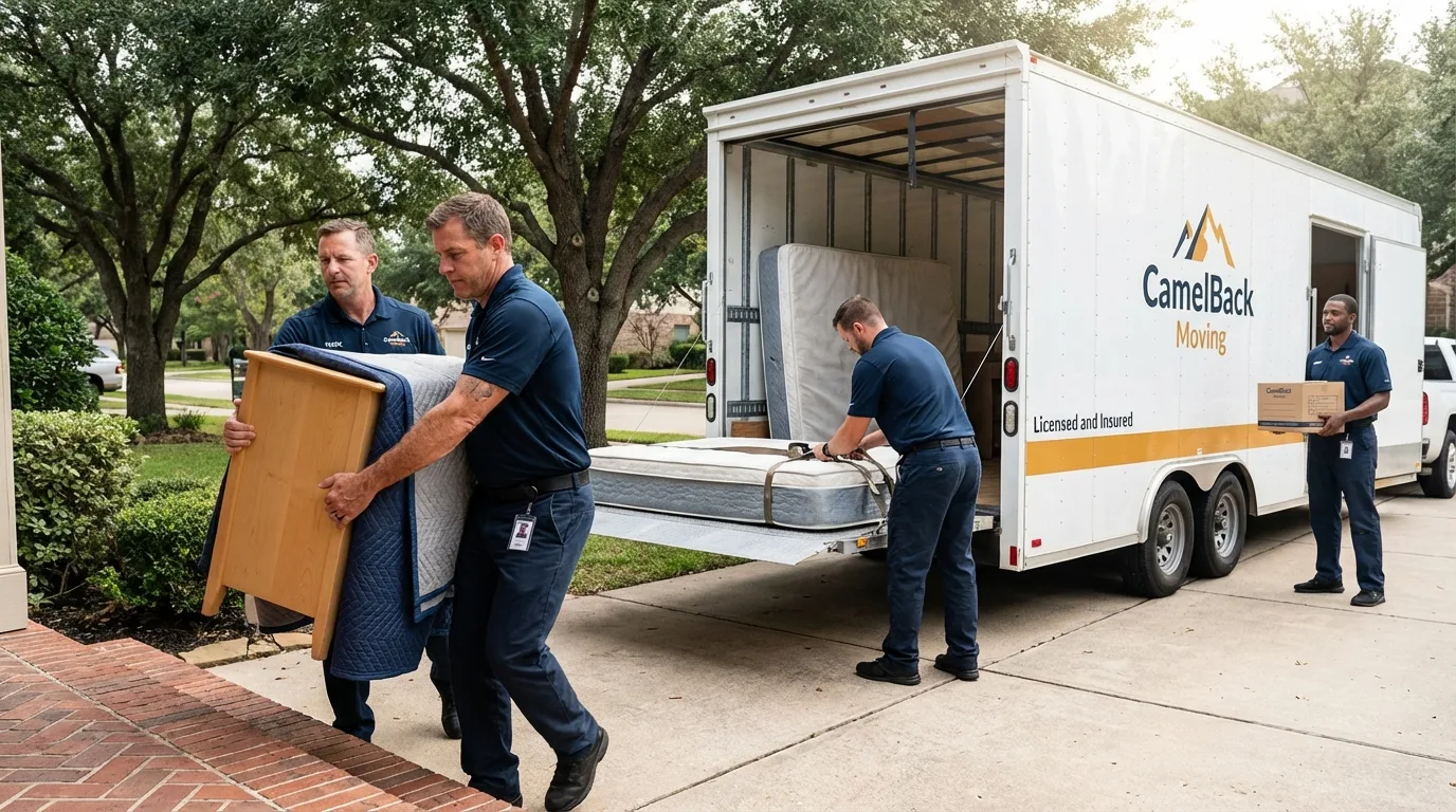 Crew loading residential truck for cross-state move from Grove, OK