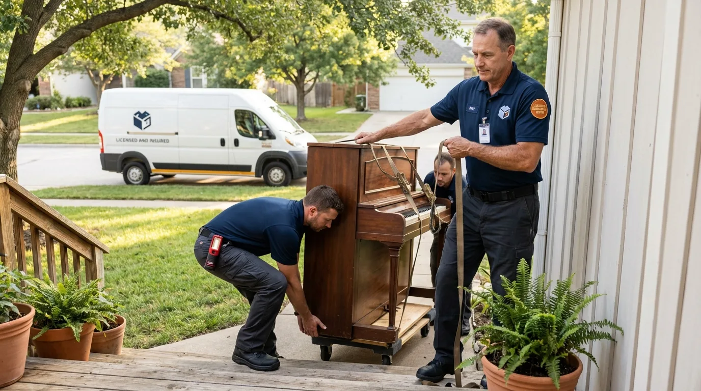 Licensed piano movers securing grand piano in Grove, OK