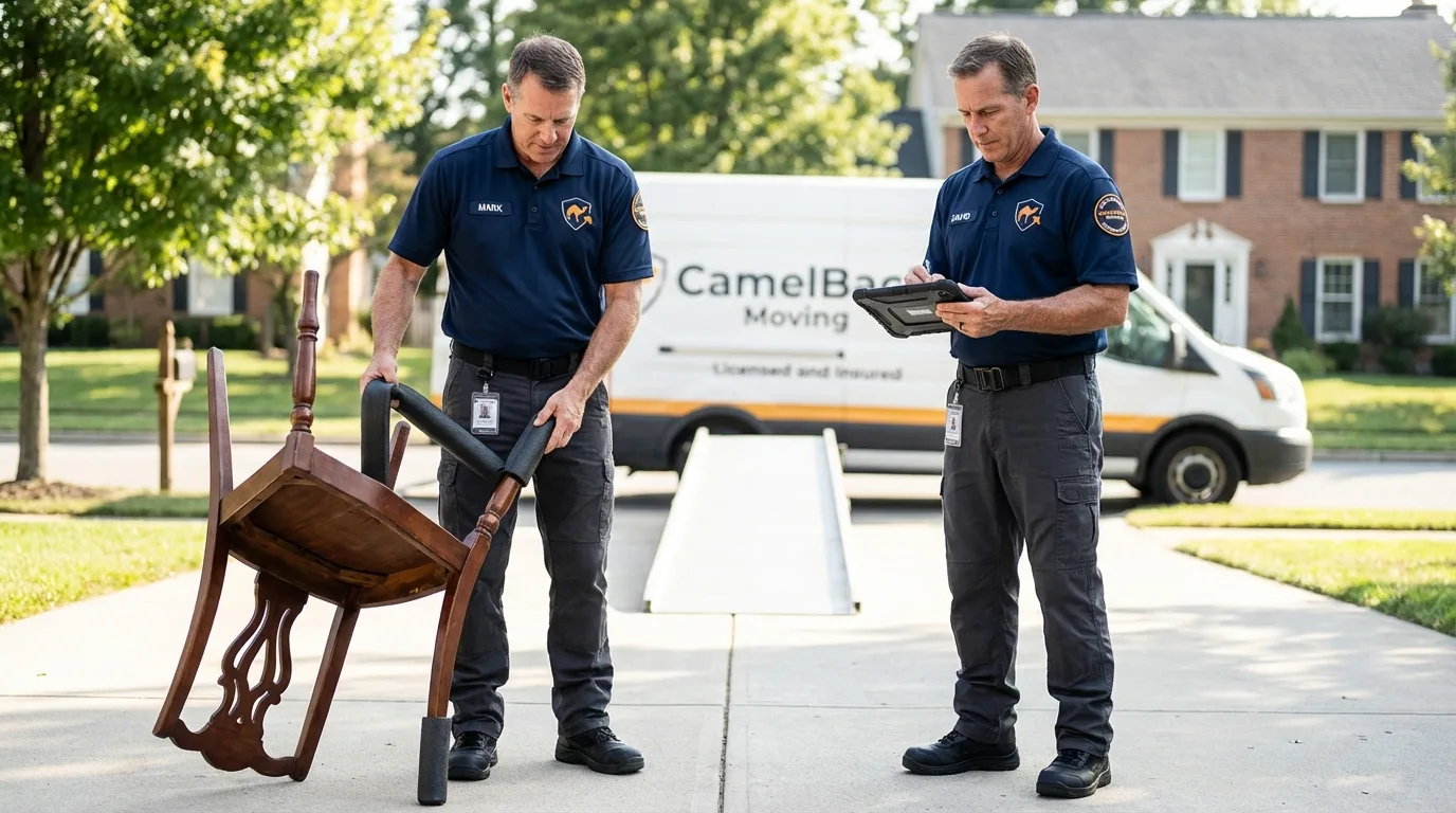 Movers inspecting furniture for damage prevention before loading in Grove, OK