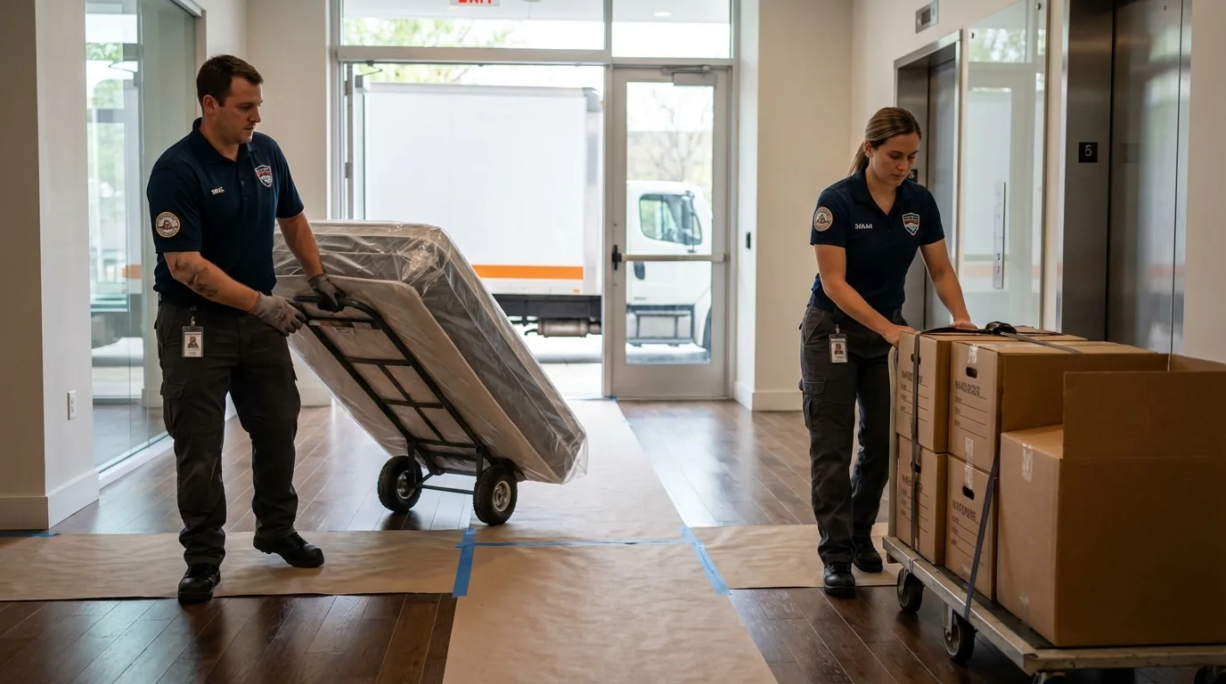Professional apartment movers loading elevator in Grove, OK
