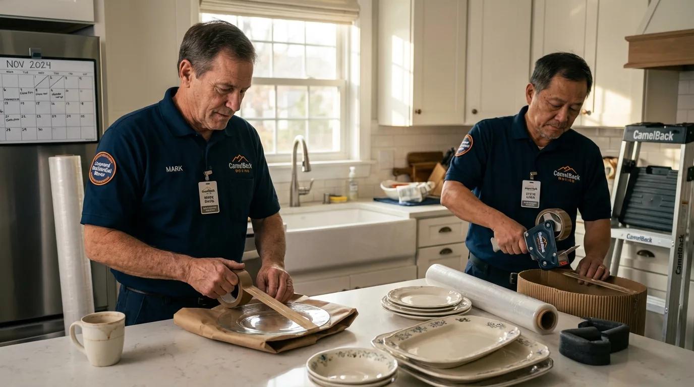 Professional crew packing kitchen dishware in Grove, OK